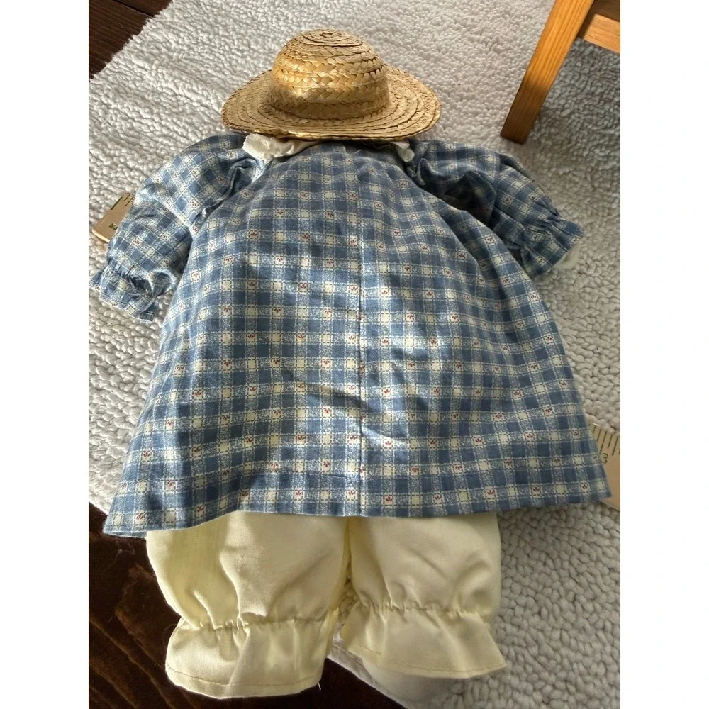 Vintage Rag Doll Set with Wooden Heart Bench Blue Plaid Farmhouse Decor 3pc